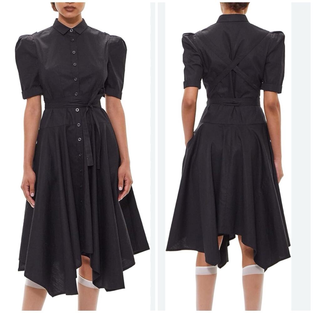 GaryGraham422 Black Asymmetrical M Shirt Dress Puff Sleeve Fit Flare Belted